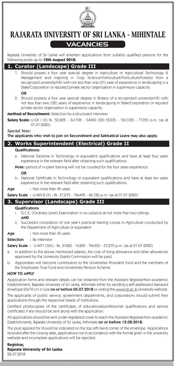 Curator (Landscape), Works Superintendent (Electrical), Supervisor (Landscape) - Rajarata University - Mihintale